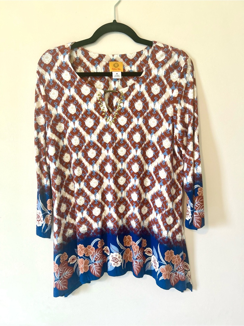 Ruby Rd. Ikat Diamond & Floral Tunic Top Size M